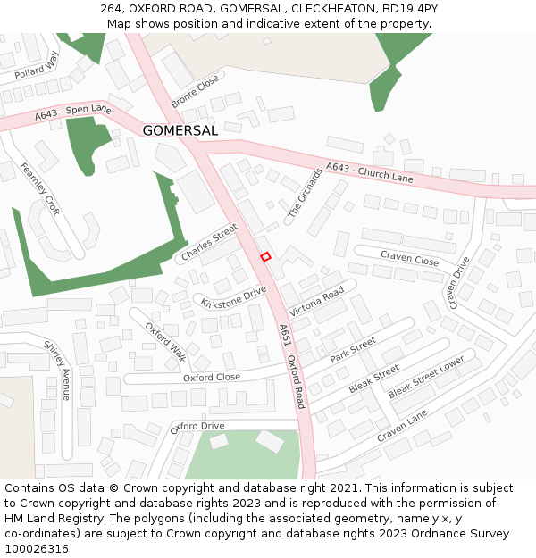 264, OXFORD ROAD, GOMERSAL, CLECKHEATON, BD19 4PY: Location map and indicative extent of plot