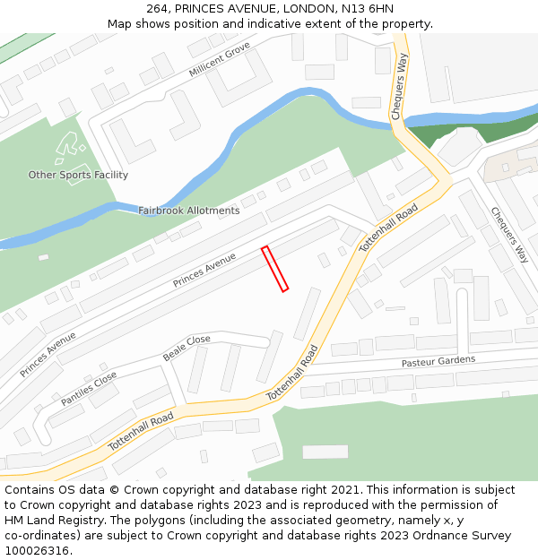 264, PRINCES AVENUE, LONDON, N13 6HN: Location map and indicative extent of plot