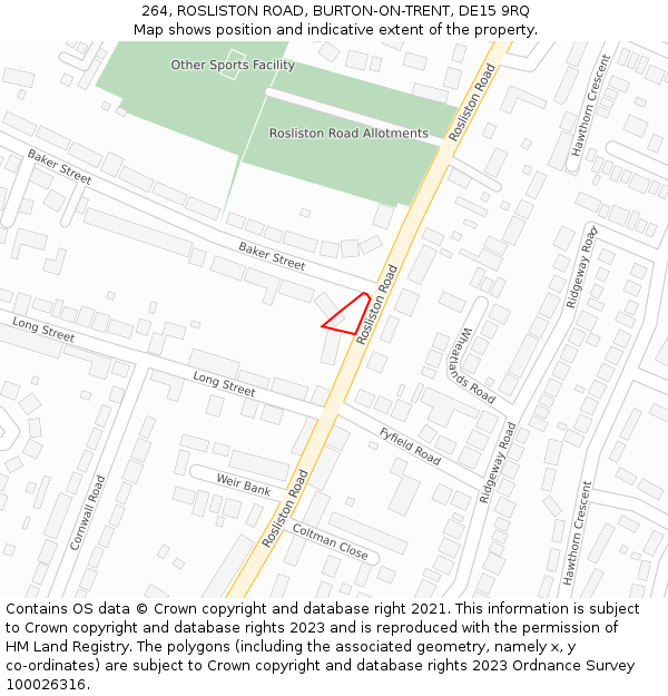 264, ROSLISTON ROAD, BURTON-ON-TRENT, DE15 9RQ: Location map and indicative extent of plot