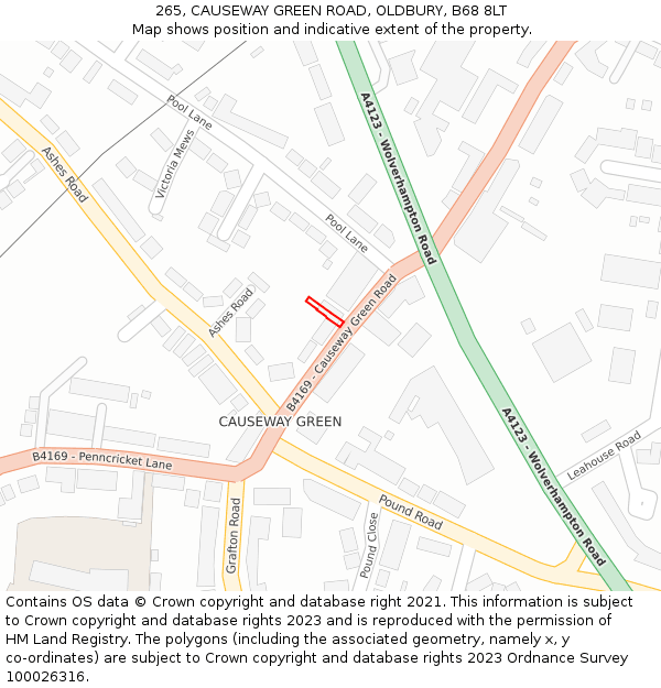 265, CAUSEWAY GREEN ROAD, OLDBURY, B68 8LT: Location map and indicative extent of plot