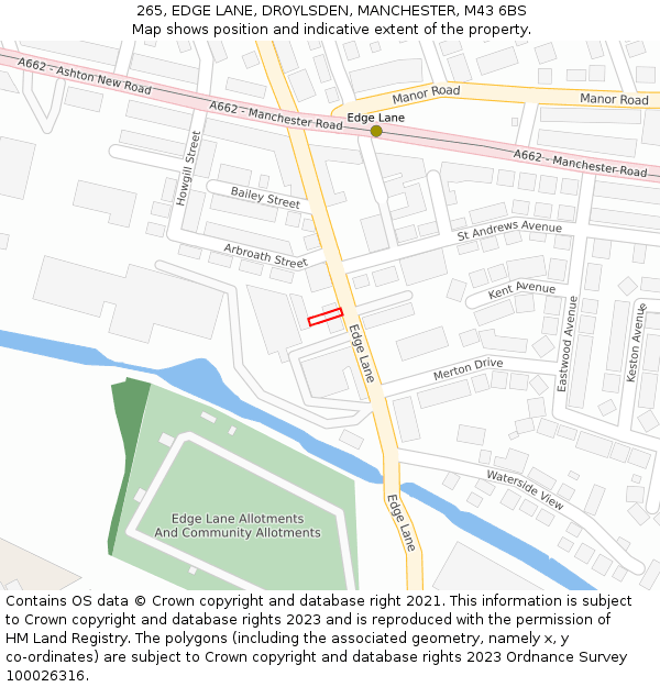 265, EDGE LANE, DROYLSDEN, MANCHESTER, M43 6BS: Location map and indicative extent of plot