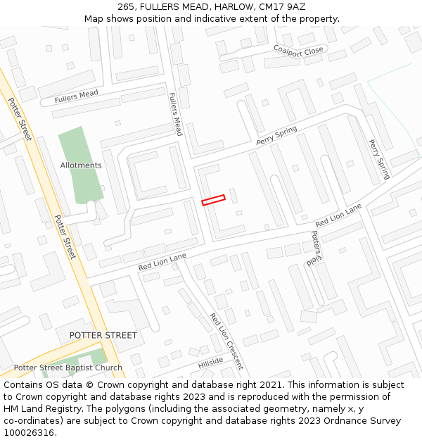 265, FULLERS MEAD, HARLOW, CM17 9AZ: Location map and indicative extent of plot