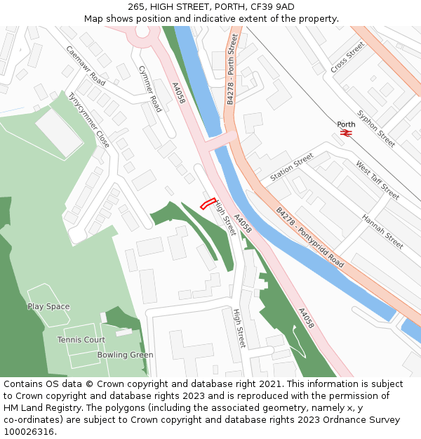 265, HIGH STREET, PORTH, CF39 9AD: Location map and indicative extent of plot