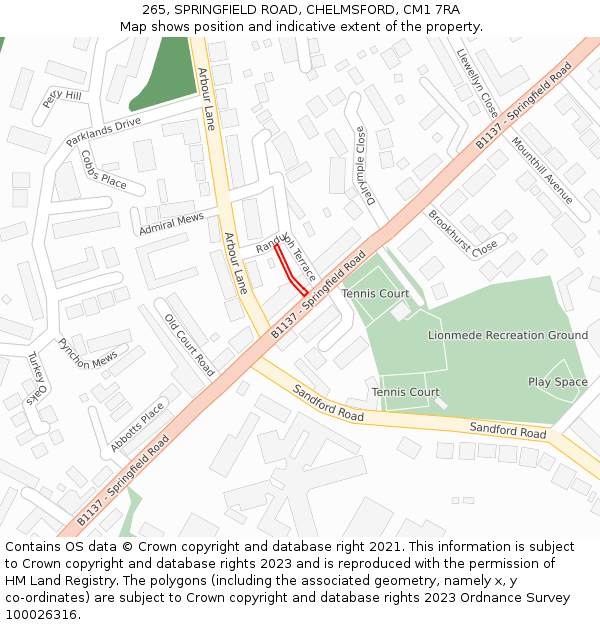 265, SPRINGFIELD ROAD, CHELMSFORD, CM1 7RA: Location map and indicative extent of plot