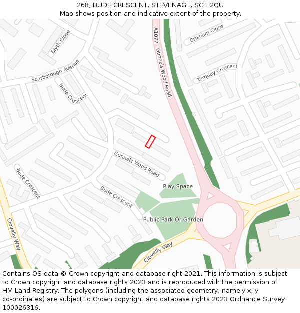 268, BUDE CRESCENT, STEVENAGE, SG1 2QU: Location map and indicative extent of plot