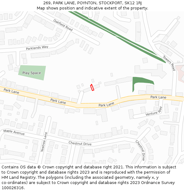 269, PARK LANE, POYNTON, STOCKPORT, SK12 1RJ: Location map and indicative extent of plot