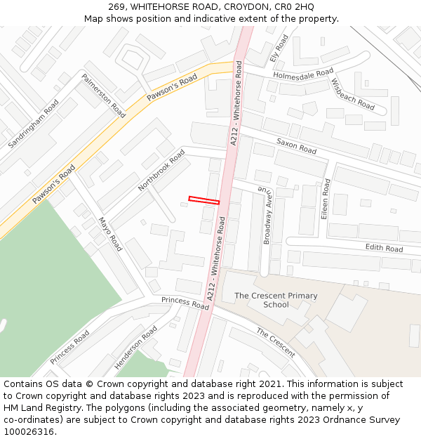 269, WHITEHORSE ROAD, CROYDON, CR0 2HQ: Location map and indicative extent of plot