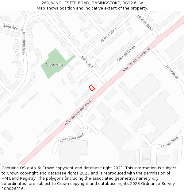 269, WINCHESTER ROAD, BASINGSTOKE, RG22 6HW: Location map and indicative extent of plot