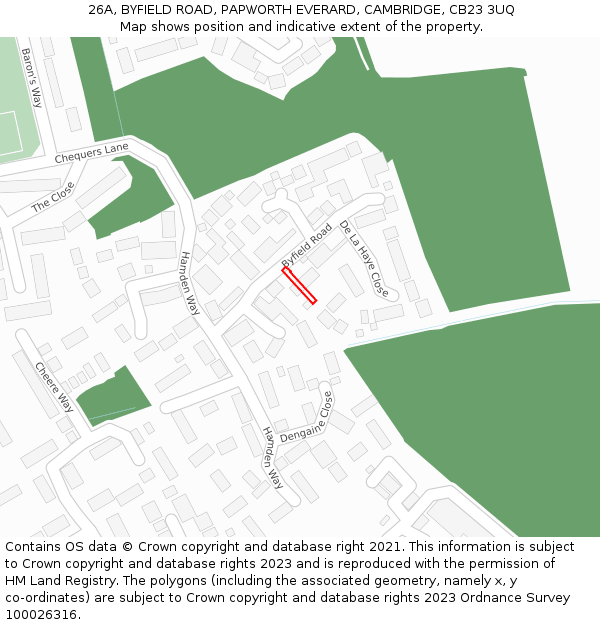 26A, BYFIELD ROAD, PAPWORTH EVERARD, CAMBRIDGE, CB23 3UQ: Location map and indicative extent of plot