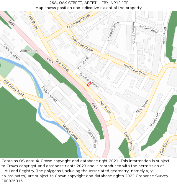26A, OAK STREET, ABERTILLERY, NP13 1TE: Location map and indicative extent of plot