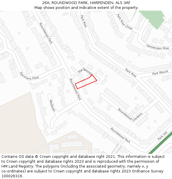 26A, ROUNDWOOD PARK, HARPENDEN, AL5 3AF: Location map and indicative extent of plot
