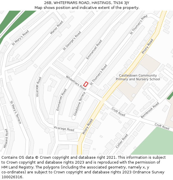 26B, WHITEFRIARS ROAD, HASTINGS, TN34 3JY: Location map and indicative extent of plot