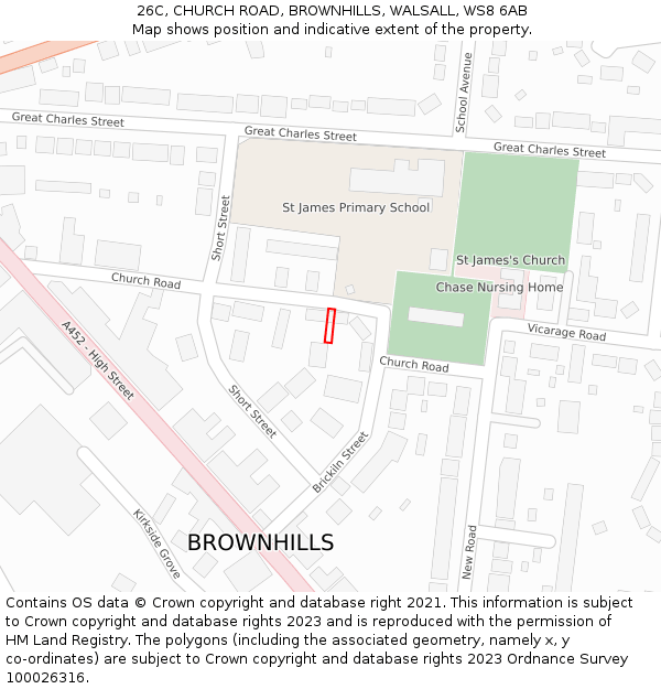 26C, CHURCH ROAD, BROWNHILLS, WALSALL, WS8 6AB: Location map and indicative extent of plot