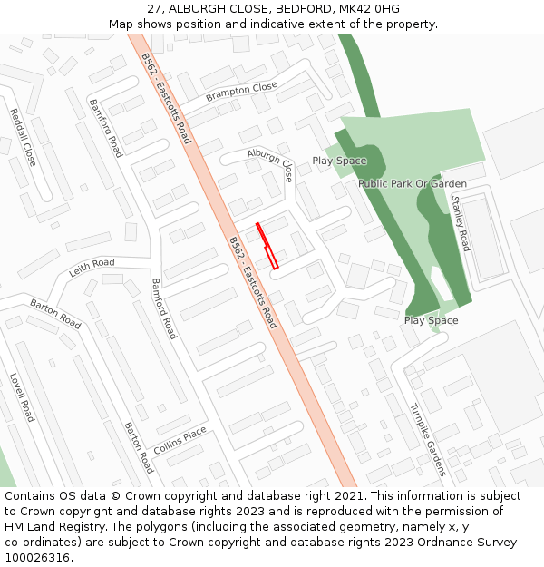 27, ALBURGH CLOSE, BEDFORD, MK42 0HG: Location map and indicative extent of plot