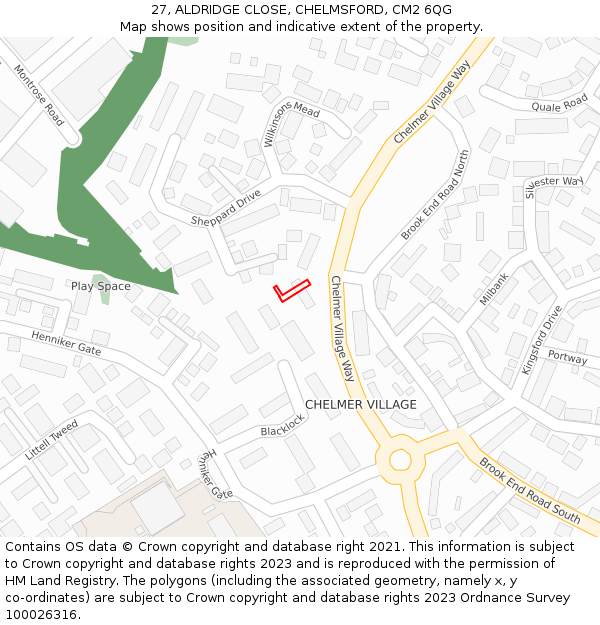27, ALDRIDGE CLOSE, CHELMSFORD, CM2 6QG: Location map and indicative extent of plot
