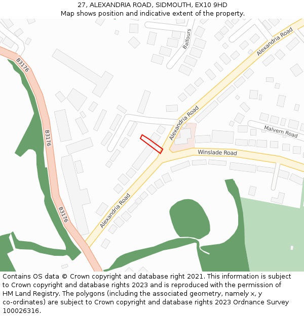 27, ALEXANDRIA ROAD, SIDMOUTH, EX10 9HD: Location map and indicative extent of plot