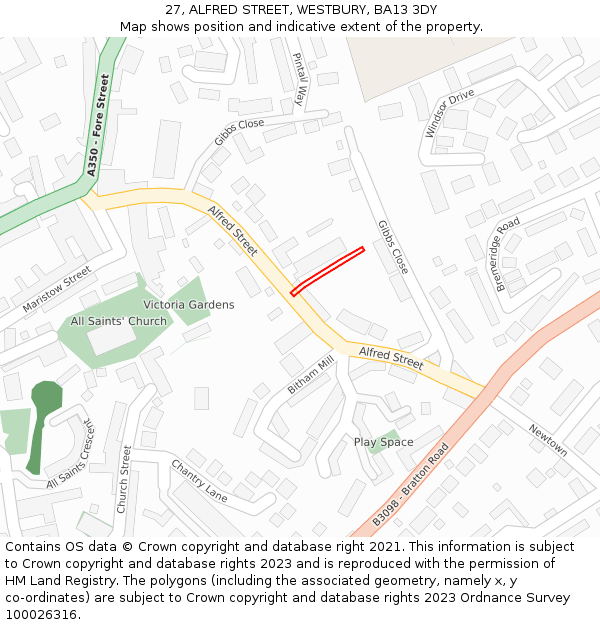 27, ALFRED STREET, WESTBURY, BA13 3DY: Location map and indicative extent of plot