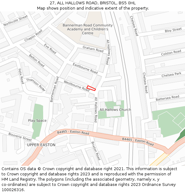 27, ALL HALLOWS ROAD, BRISTOL, BS5 0HL: Location map and indicative extent of plot