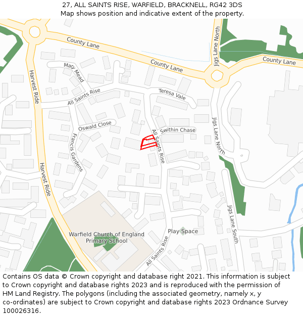 27, ALL SAINTS RISE, WARFIELD, BRACKNELL, RG42 3DS: Location map and indicative extent of plot