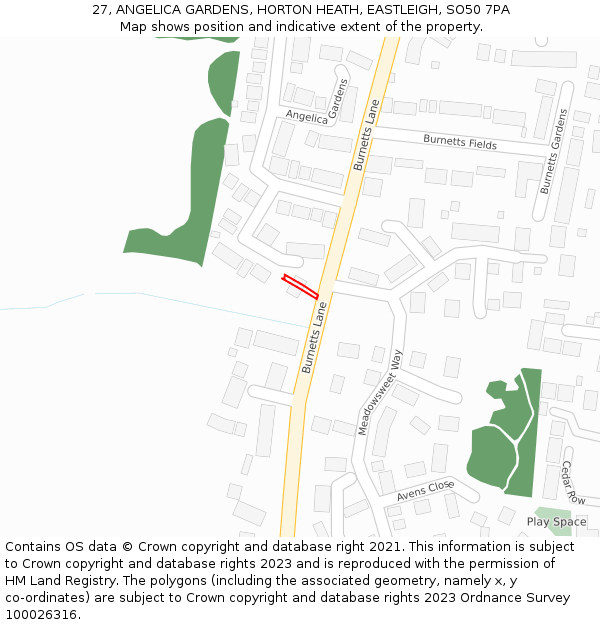 27, ANGELICA GARDENS, HORTON HEATH, EASTLEIGH, SO50 7PA: Location map and indicative extent of plot