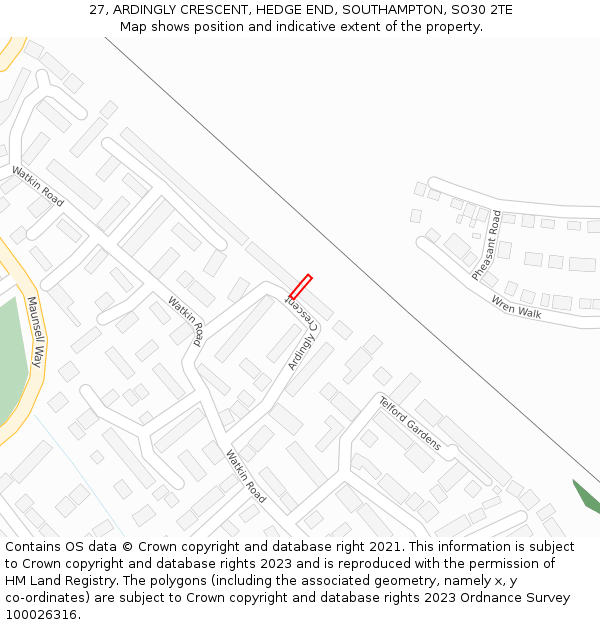 27, ARDINGLY CRESCENT, HEDGE END, SOUTHAMPTON, SO30 2TE: Location map and indicative extent of plot
