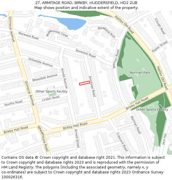 27, ARMITAGE ROAD, BIRKBY, HUDDERSFIELD, HD2 2UB: Location map and indicative extent of plot