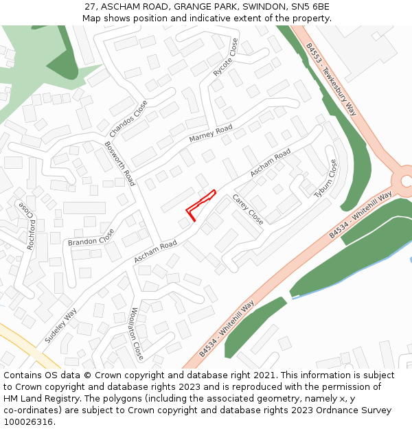 27, ASCHAM ROAD, GRANGE PARK, SWINDON, SN5 6BE: Location map and indicative extent of plot