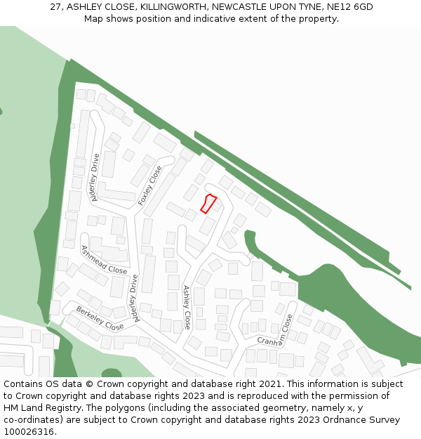 27, ASHLEY CLOSE, KILLINGWORTH, NEWCASTLE UPON TYNE, NE12 6GD: Location map and indicative extent of plot