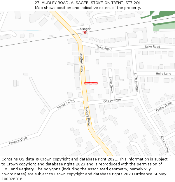 27, AUDLEY ROAD, ALSAGER, STOKE-ON-TRENT, ST7 2QL: Location map and indicative extent of plot