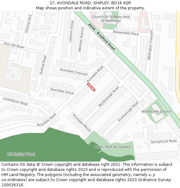 27, AVONDALE ROAD, SHIPLEY, BD18 4QR: Location map and indicative extent of plot