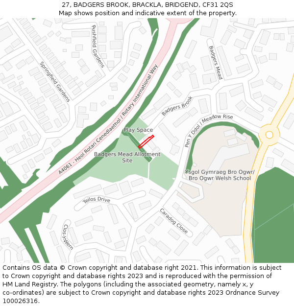 27, BADGERS BROOK, BRACKLA, BRIDGEND, CF31 2QS: Location map and indicative extent of plot