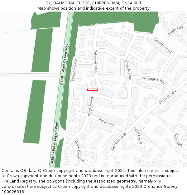 27, BALMORAL CLOSE, CHIPPENHAM, SN14 0UT: Location map and indicative extent of plot