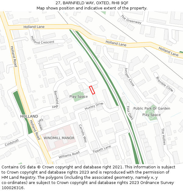 27, BARNFIELD WAY, OXTED, RH8 9QF: Location map and indicative extent of plot