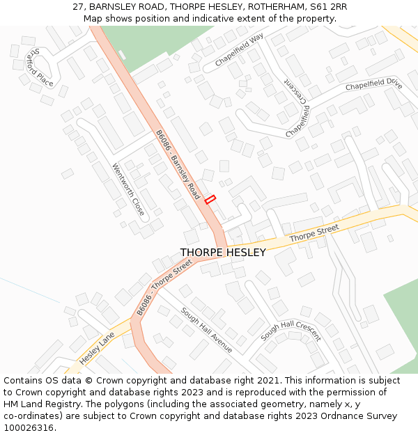 27, BARNSLEY ROAD, THORPE HESLEY, ROTHERHAM, S61 2RR: Location map and indicative extent of plot
