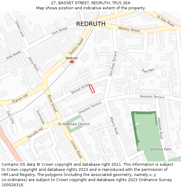 27, BASSET STREET, REDRUTH, TR15 2EA: Location map and indicative extent of plot
