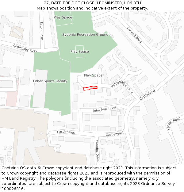 27, BATTLEBRIDGE CLOSE, LEOMINSTER, HR6 8TH: Location map and indicative extent of plot