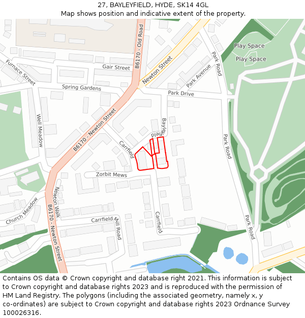27, BAYLEYFIELD, HYDE, SK14 4GL: Location map and indicative extent of plot