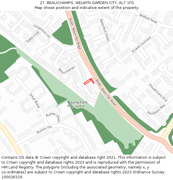 27, BEAUCHAMPS, WELWYN GARDEN CITY, AL7 1FG: Location map and indicative extent of plot