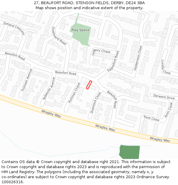 27, BEAUFORT ROAD, STENSON FIELDS, DERBY, DE24 3BA: Location map and indicative extent of plot