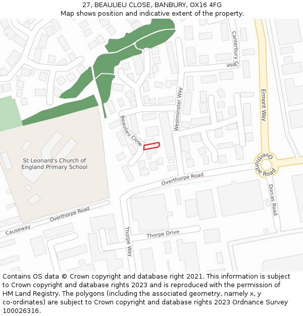 27, BEAULIEU CLOSE, BANBURY, OX16 4FG: Location map and indicative extent of plot