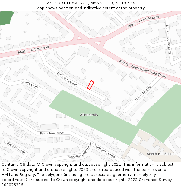 27, BECKETT AVENUE, MANSFIELD, NG19 6BX: Location map and indicative extent of plot