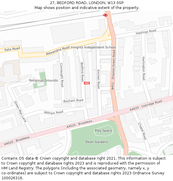27, BEDFORD ROAD, LONDON, W13 0SP: Location map and indicative extent of plot