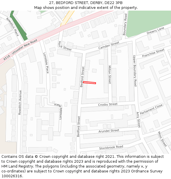 27, BEDFORD STREET, DERBY, DE22 3PB: Location map and indicative extent of plot