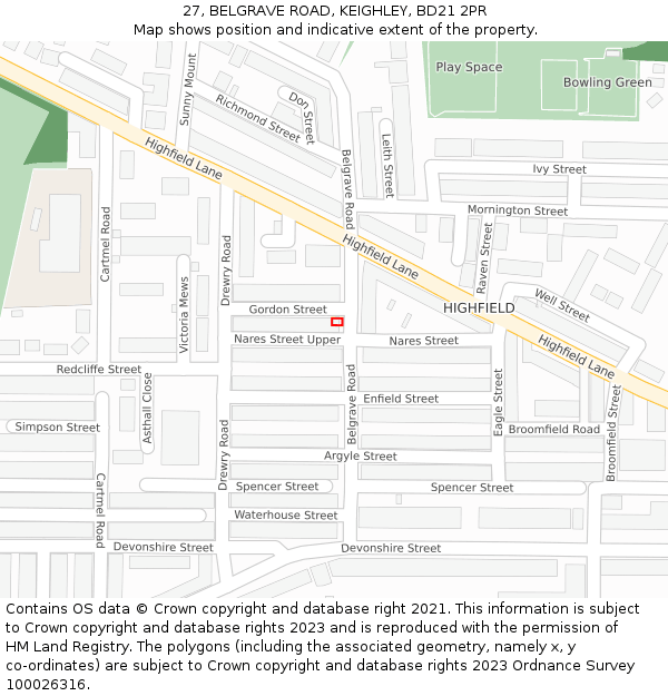 27, BELGRAVE ROAD, KEIGHLEY, BD21 2PR: Location map and indicative extent of plot