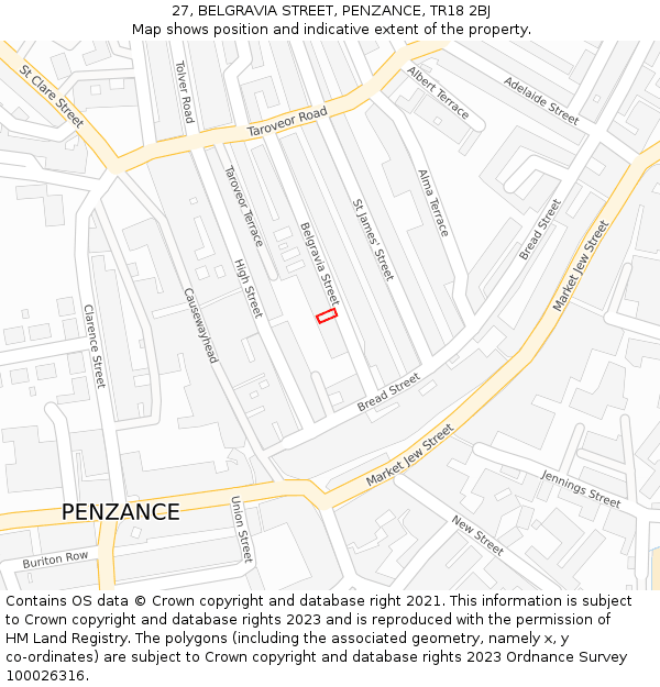 27, BELGRAVIA STREET, PENZANCE, TR18 2BJ: Location map and indicative extent of plot