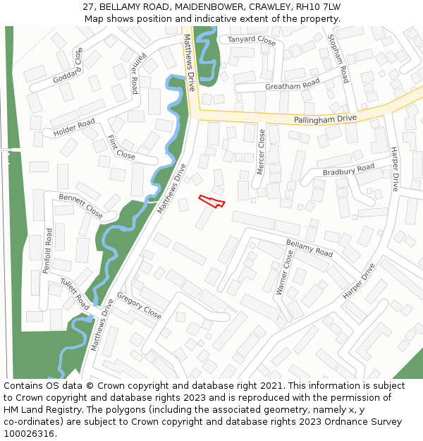 27, BELLAMY ROAD, MAIDENBOWER, CRAWLEY, RH10 7LW: Location map and indicative extent of plot