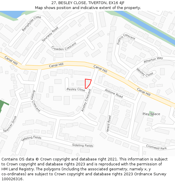 27, BESLEY CLOSE, TIVERTON, EX16 4JF: Location map and indicative extent of plot