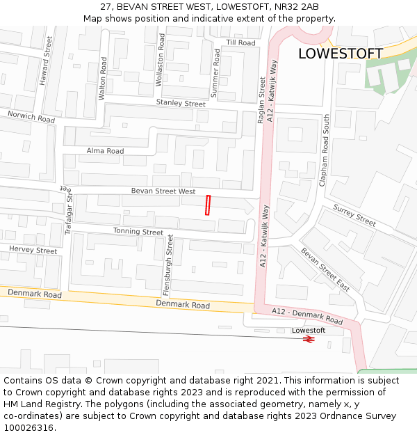 27, BEVAN STREET WEST, LOWESTOFT, NR32 2AB: Location map and indicative extent of plot