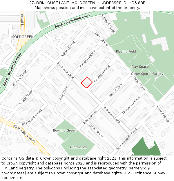 27, BIRKHOUSE LANE, MOLDGREEN, HUDDERSFIELD, HD5 8BE: Location map and indicative extent of plot