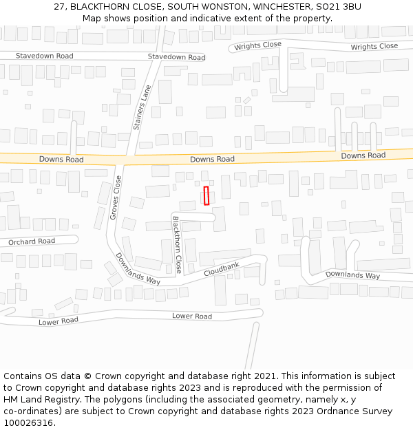 27, BLACKTHORN CLOSE, SOUTH WONSTON, WINCHESTER, SO21 3BU: Location map and indicative extent of plot